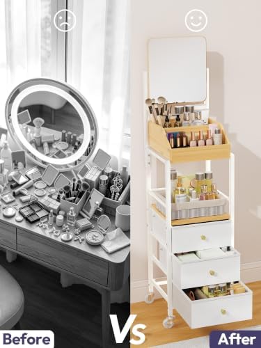 SWTYMIKI Makeup Organizer Cart with Mirror - Makeup Storage Vanity Dresser with Non-Woven Drawers, 360° Rotating HD Mirror, Rolling Organizer Cart for Skin Care Perfume Nail Polish Hair Tool White - Image 3