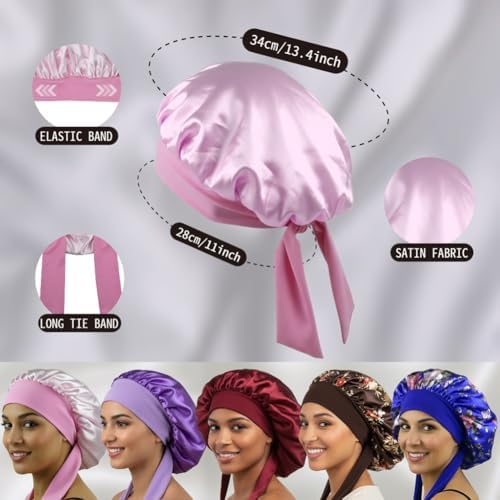 Satin Bonnet for Sleeping Women Curly Hair Large Silk Bonnet with Tie - Image 4