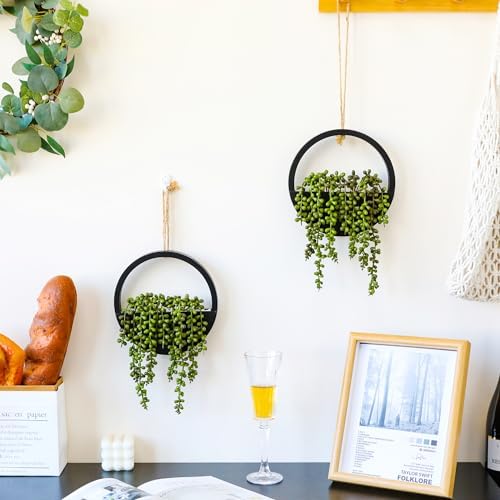 Floweroyal 2pcs Artificial Succulents Hanging Plants 12.2'' Fake String of Pearls in Pot with 8.3'' Lanyard for Indoor Outdoor Wall Decor (Black). - Image 6