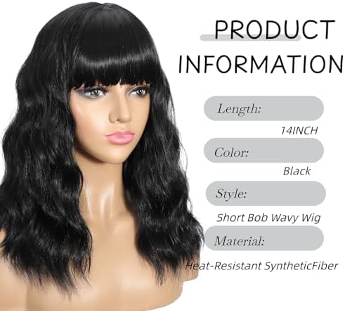 Sebast Pastel Bob Wigs with Bangs for Women Loose Wavy Wig Pastel Wavy Shoulder Length Bob Synthetic Cosplay Wig for Girl Colorful Costume Wigs (Black) - Image 2