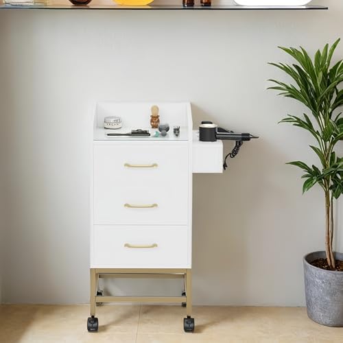 Salon Station for Hair Stylist, White Beauty Barber Storage Systems on 4 Lockable Wheels, Modern Salon Workstation, Rolling Beauty Cabinet Cart with 3 Drawers and 3 Hair Dryer Holders by SIKHST