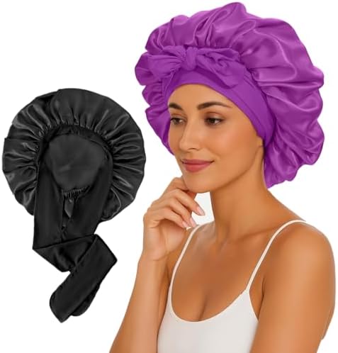 2 Pcs Large Satin Silk Bonnet for Sleeping Women, Adjustable Hair Bonnets with Tie Band, Silk Bonnet Sleep Cap for All Hair by KEPUWAY