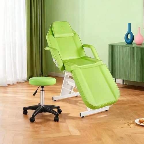 Facial Chair,73″ Tattoo Chair for Client,3-Section Adjustable Massage Table with Stool,Multipurpose Beauty Beds Salon Equipment for Esthetician,Tattooshop,Spa (Green) - Image 2