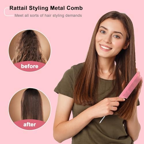 6 PCS Rat Tail Hair Parting Combs - Steel Pin Rat Tail Teasing Fine Tooth Comb Set for Women,Rattail Styling Metal Comb with Stainless Steel Pintail,Carbon Heat Resistant Comb for Curly Braiding Hair - Image 4