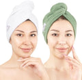 American Soft Linen 100% Cotton Hair Towels for Women, Head Towel Cap, Cotton Hair Turban Towel Wrap for Hair, Soft and Absorbent Cotton Hair Towels 2 Pack, White-Sage Green by AmericanSoftLinen