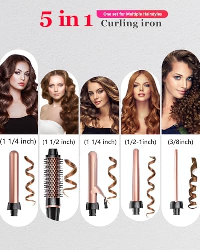 5 in 1 Curling Iron & Thermal Brush Set with 4 Interchangeable Ceramic Barrels (0.35”-1.25”) Fast Heat Dual Voltage Travel Hair Tools Birthday Gift for Women - Hair Curler Wand Kit for Curls & Blowout - Image 2