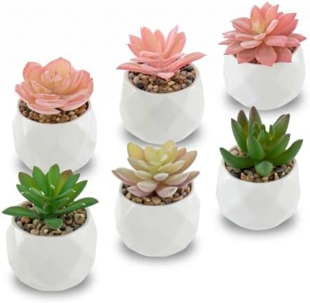 MyGift Pink & Green Artificial Succulent Plants, Ceramic Pots, Set of 6 by MyGiftHome