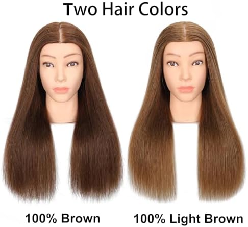 Mannequin Head Human Hair, 100% Real Hair Cosmetology Manikin Head for Practice Braiding Hairstyling Cutting with Free Clamp Holder and Tools (100% Brown) - Image 3