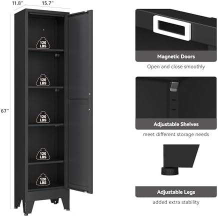 YAUWOH White Narrow Metal Storage Cabinet, Tall Freestanding Cabinet with 4 Adjustable Shelves & Barn Doors, Pantry Organizer for Bathroom Kitchen Home Office Dining Room（1PC,Black） - Image 3