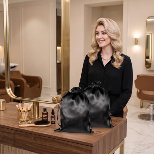 JIEYAO 6 Pieces Wig Bags with Satin Drawstring, Black Silk Wig Storage Bags Storage for Wigs Extension Bundle(Black) - Image 6