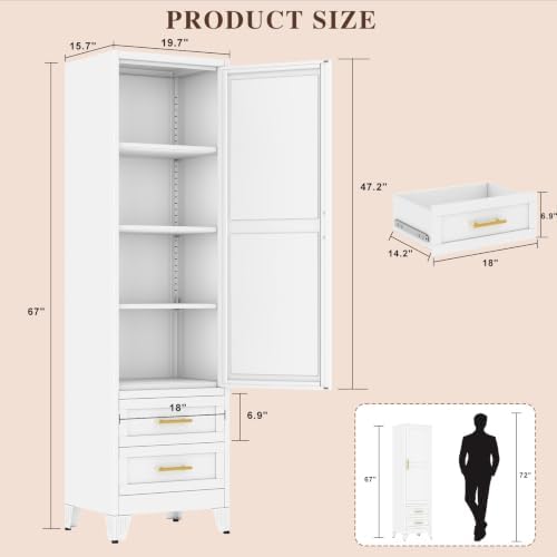 Tall Metal Narrow Storage Cabinet 67" H with 2 Drawer, White Pantry Cabinets with 3 Adjustable Shelves and Door,Tall Bathroom Cabinet for Kitchen, Home Office, Living Room, Dining Room - Image 2