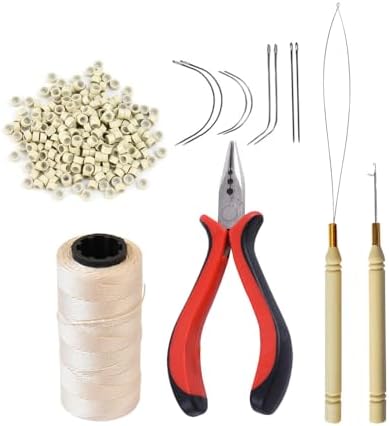 Hair Extensions Tool Kit: 200 Pcs Silicone Lined Micro Links Beads, 1 Three Hole Hair Pliers, 1 Roll Sewing Thread, 1 Loop Needle Threader, 1 Pulling Hook Needle, 8 Sewing Needles (Blonde) by YANTAISIYU