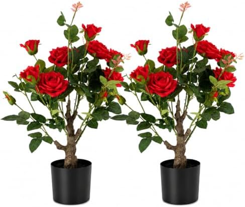24’’ Artificial Rose Tree, 2 Pack Faux Rose Plants with Red Flowers and Green Leaves, 2FT Silk Potted Tree for Indoor Outdoor Home Office Porch Garden Decor, Red by Jcezvnt