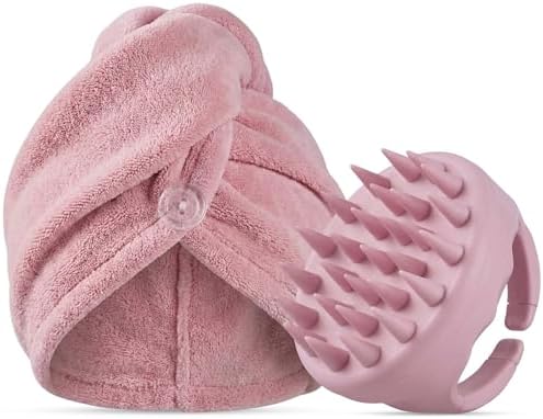 chérie Microfiber Hair Towel Wrap and Scalp Massager Scrubber Set, Pink by ch%C3%A9rie