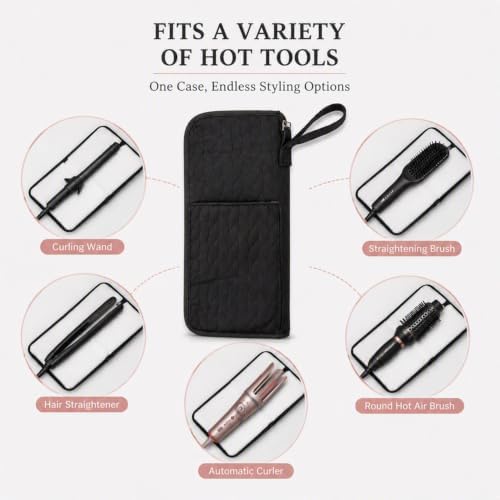 2-in-1 Heat Resistant Hot Tool Mat and Organizer | Portable Travel Curling Iron Holder & Flat Iron Storage Mat with Heatproof Lining | Black Styling Tools Pouch for Hot Straightener and Wand - Image 5