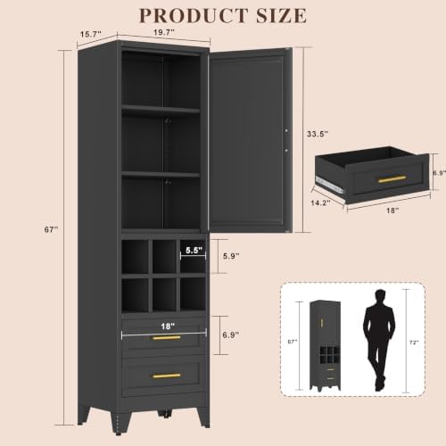 Tall Metal Narrow Storage Cabinet 67" H with 2 Drawer,Black Kitchen Pantry Cabinets with 2 Adjustable Shelves and Door,Cuby Storage Orgainzer,Tall Bathroom Cabinet for Kitchen, Home Office,Dining Room - Image 2