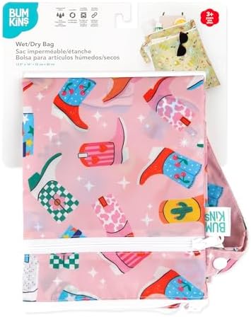 Bumkins Waterproof Wet Dry Bag for Baby, Travel, Swim Suit, Cloth Diaper, Pump Parts, Pool, Beach, Gym Clothes, Toiletry, Hook to Stroller, Daycare, Zipper Reusable Wetdry Packing Pouch, Cowgirl Boots - Image 6