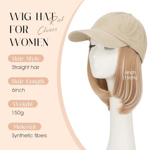 Rich Choices Hat Wigs for Women/Men,Khaki Baseball Cap with Hair Extensions for Women,Short Bob Hairstyle Caps with Hair Attached Adjustable Baseball Cap Wig 6 Inch Highlighted Honey Blonde Hair - Image 2