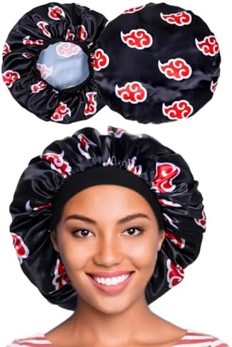 Red Black Cloud Large Bonnet - Silky Design Satin Bonnet with Elastic Soft Band African Head Wrap for Women by CrownLimitedSupply