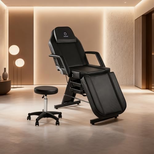 Facial Chair,73″ Tattoo Chair for Client,3-Section Adjustable Massage Table with Stool,Multipurpose Beauty Beds Salon Equipment for Esthetician,Tattooshop,Spa (Black) - Image 2