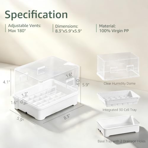 Seed Starter Tray Kit with Adjustable-Vent Humidity Dome & Air‑Pruning Cells, Reusable Plant Germination Trays with Superior Air & Drainage, Foldable‑Side Cells for Easy Transplanting, 30‑Cell - Image 2