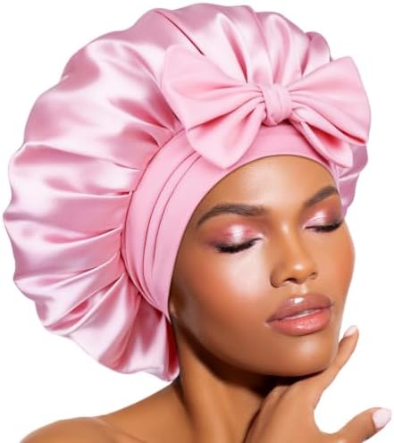 BONNET QUEEN Soft Premium Satin Lined Bonnet, Double Layer Anti-Frizzy Silk Like Bonnet for Sleeping for Curly Hair with Tie Band, Pink by BonnetQueen