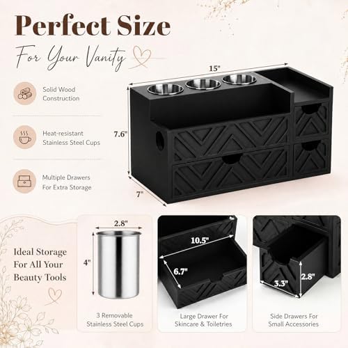 Hair Tool Organizer with 3 Drawer Wooden Blow Dryer Holder, Black - Image 2