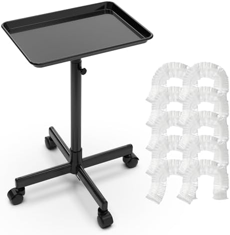TASALON Rolling Salon Tray, Mobile Styling Station with Wheels Aluminum Rolling Tray Trolley for Salon Essentials, Adjustable Height or Hairstylist Tray with 10 PCS Disposable Salon Tray Cover by TASALON