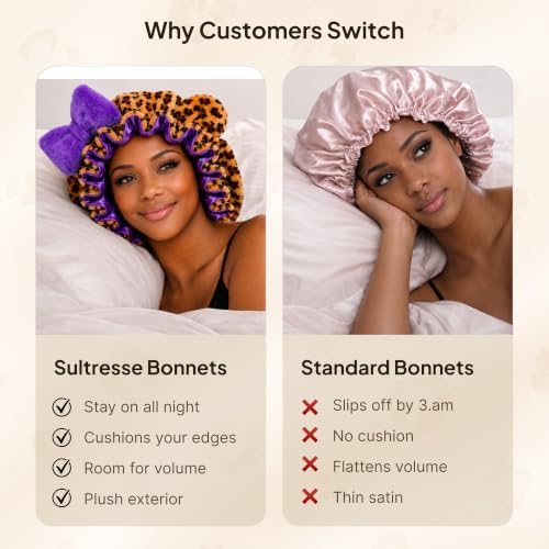 Leopard Print Cat Ear Bonnet for Women – Satin-Lined Sleep Cap, Night Cap for Curly Natural Hair - Image 4