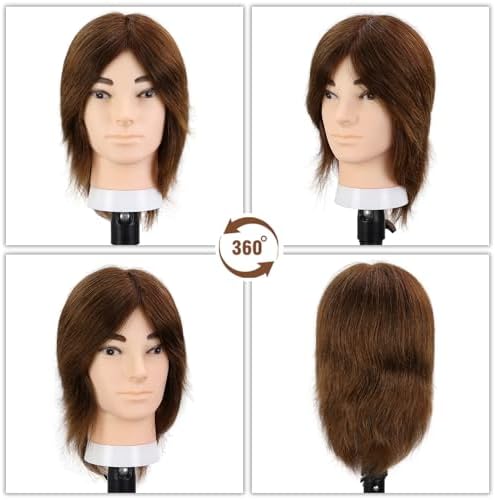 10" Brown Male Mannequin Head with 100% Real Human Hair, Professional Barber Mannequin Head Cosmetology Manikin Training Head for Haircut Styling Practice with Free Clamp Stand (Dark brown) - Image 2