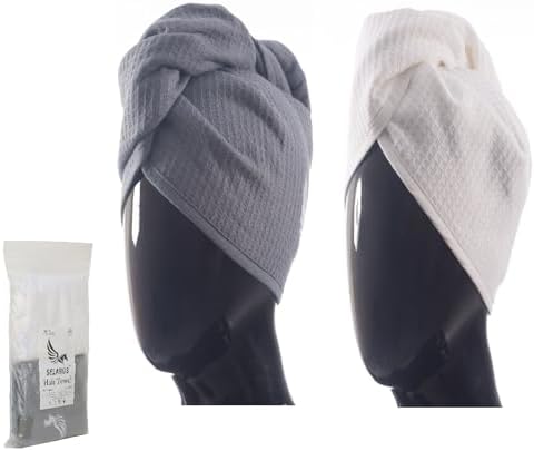 100% Turkish Cotton Hair Towel Wrap for Women,Non Microfiber,Super Absorbent,AntiFrizz,Plopping Hair Drying Waffle Bath Towels for Curly,Long&Thick Hairs,Head Wrap,2 Pack10x26inc (Grey+White) by SELARUS