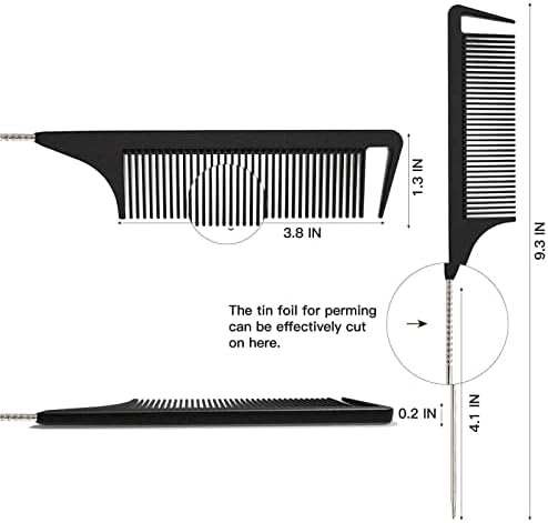 Yumflan Hair Comb, Rat Tail Comb for Braiding Hair, Fine Tooth Hair Comb with Stainless Steel Pintail for Sectioning, Parting and Styling - Black - Image 2