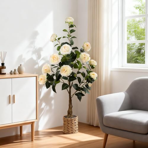 2Pack Artificial Camellia Tree, 3Ft Faux Yellow Camellia Plant in Pot, Fake Outdoor Tree Camellia Flower Tree for Home Office Living Room Floor Indoor Decor - Image 5