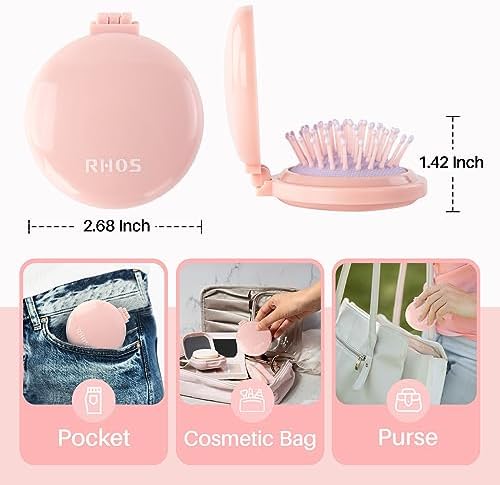 RHOS Folding Brush with Mirror for Women, Girls - Compact Pocket Portable Hair Brush with Soft Nylon Bristles for Purse and Travel (Pink) - Image 2