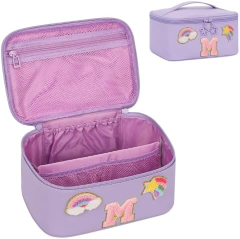 OCHEAL Initial Makeup Bag,Purple Travel Makeup Organizer Case Beauty Toiletry Cosmetic Bag with Rainbow, Trendy Stuff Personalized Gifts for Women and Girls-M by OCHEAL