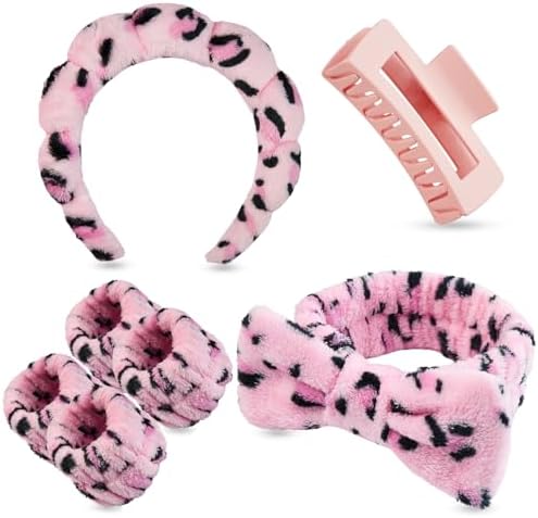 7 Pcs Spa Set, Facial Headband and Wristband Set, Skincare Accessories, College Style Girl Idea Gifts, Hair Accessories for Women and Girls（Leopard Print Pink） by Unknown