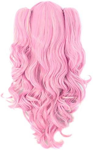 MapofBeauty Lolita Long Curly Clip on Ponytails Cosplay Wig, Pink/Blonde - Image 2