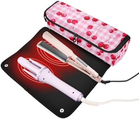 Hair Tools Travel Bag with Heat Resistant Mat Detachable 2-in-1 Curling Iron Travel Case Hot Tools Organizer for Straightener Flat Iron Pink Juicy Checkered Cherry - Image 2