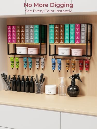 4-Tier Hair Color Organizer Wall Mounted, Metal Wood Hair Dye Rack, Black - Image 7