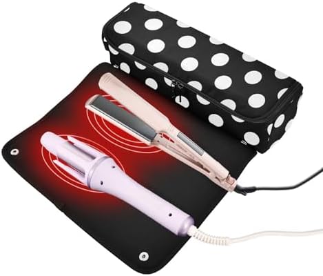 Black White Polka Dots Hair Tools Travel Bag Travel Organizer Pouch with Heat Resistant Mat Portable Carrying Case for Curling Iron Hair Dryer Flat Irons - Image 2