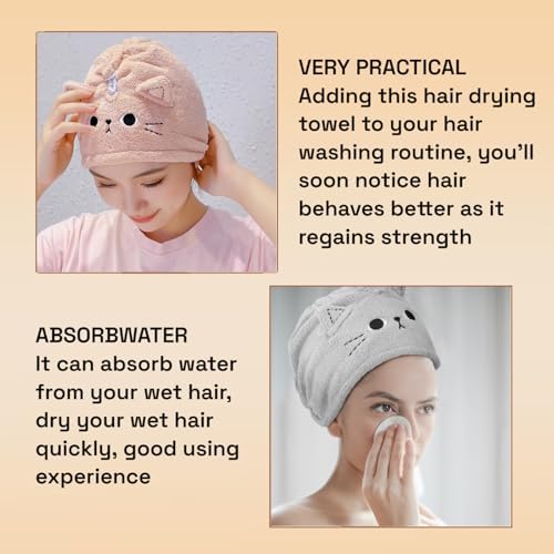 2 Pack Cat Microfiber Hair Towel Wrap for Women & Kids, Super Absorbent Hair Turban with Button, Soft Hair Drying Cap for Curly/Thick/Long Hair, Head Towel Wrap for Hair Care - Image 4