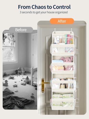 Yecaye 5 Tier Over the Door Organizer, Swing-proof Door Organizer Hanging with Clear PVC Windows, Behind the Door Storage for Bedroom Nursery Closet Laundry Pantry Bathroom, Cream White - Image 2