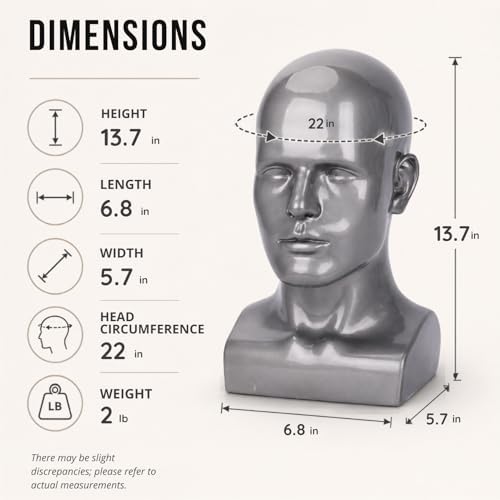 Male Mannequin Head 13.7", Silver Gray Wig Hat Display Stand - Image 2
