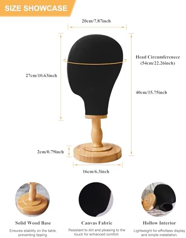 CHADWICK 21-Inch Linen Wig Head Stand with Wood Base, Black - Image 3