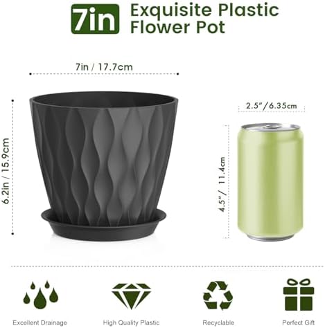 Meowell 7 inch Plant Pots for Indoor Outdoor Plants, 5 Pack Thick Flower Pots with Drainage Holes and Saucers, 3D Modern Wave Texture Plastic Planter Pots for House Plants, Black - Image 2