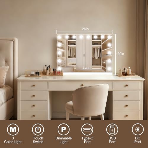 Moonee Vanity Mirror with Lights, 26"×20", with USB Charging Port, White - Image 3