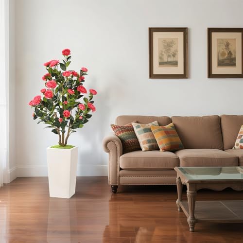 Romantic Season 4FT Artificial Camellia Tree with White Tall Planter, Pink Faux Camellia Plant Flower Tree for Modern Home Office Living Room Floor Décor Outdoor Indoor，Pink - Image 5