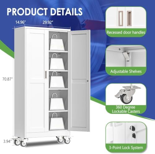 71" Metal Garage Storage Cabinet with Wheels and Locking Doors and Tall Rolling Steel Tool Cabinet with 4 Adjustable Shelves for Garage,Home,Office,Shop (White, 71''H x 30''W x15''D) - Image 3