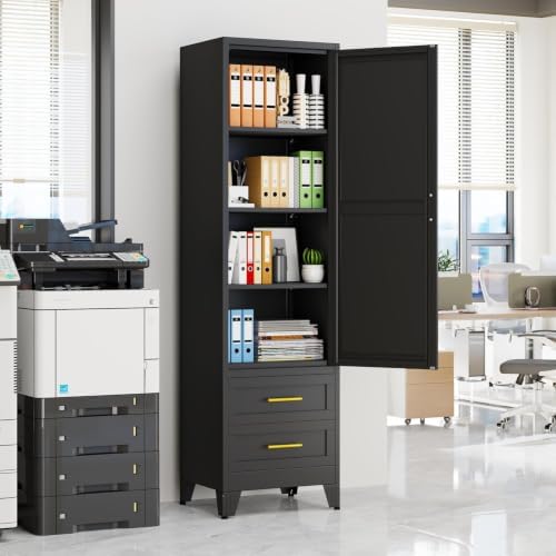 Tall Metal Narrow Storage Cabinet 67" H with 2 Drawer, Black Pantry Cabinets with 3 Adjustable Shelves and Door,Tall Bathroom Cabinet for Kitchen, Home Office, Living Room, Dining Room - Image 3