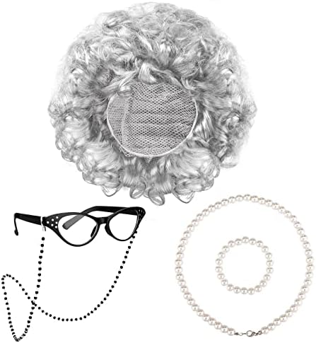 URATOT 5 Pieces Halloween Old Lady Wig Costume Set Grandma Wig Hair Rollers Glasses Chain Necklace Bracelet by URATOT